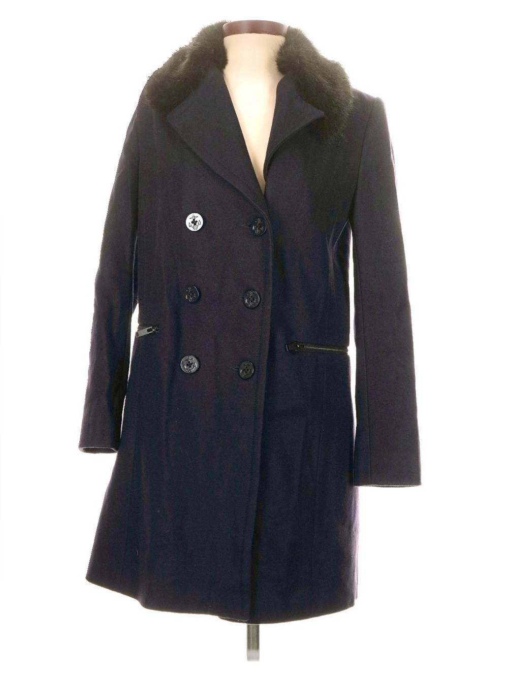 75% Virgin Wool 5% Cashmere French Connection Navy Wool Coat with Fur Collar